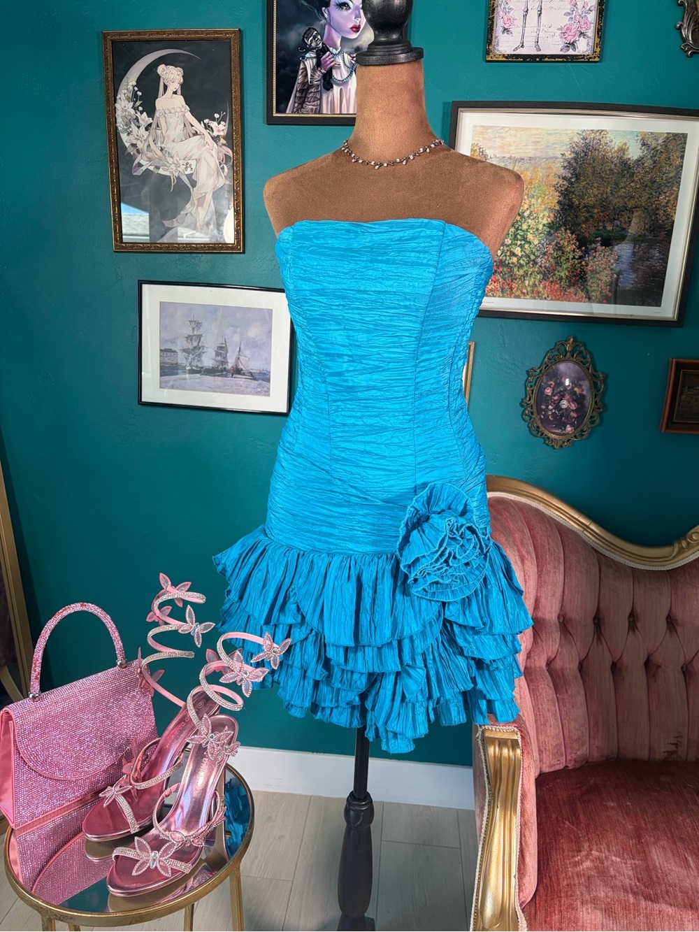 Vintage Jessica McClintock Turquoise Ruffle Rosette Party Dress Size 4